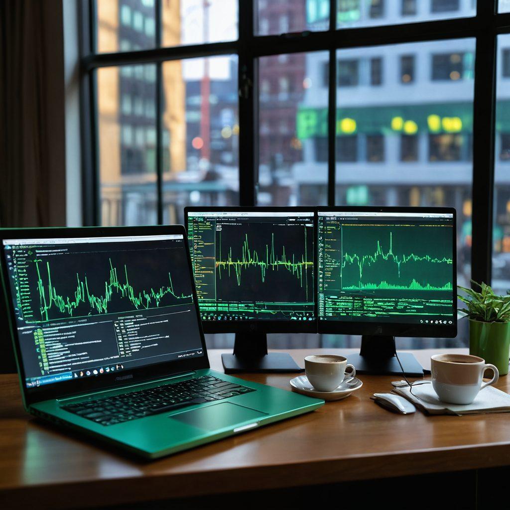 An open laptop displaying bright green terminal screens filled with AWK command code, surrounded by colorful data visualizations like graphs and charts. In the background, a cozy study room with books on programming and text manipulation techniques. A steaming cup of coffee rests beside the laptop, emphasizing a productive atmosphere. Soft natural light streams through a window, casting a warm glow on the scene. vibrant colors. super-realistic.