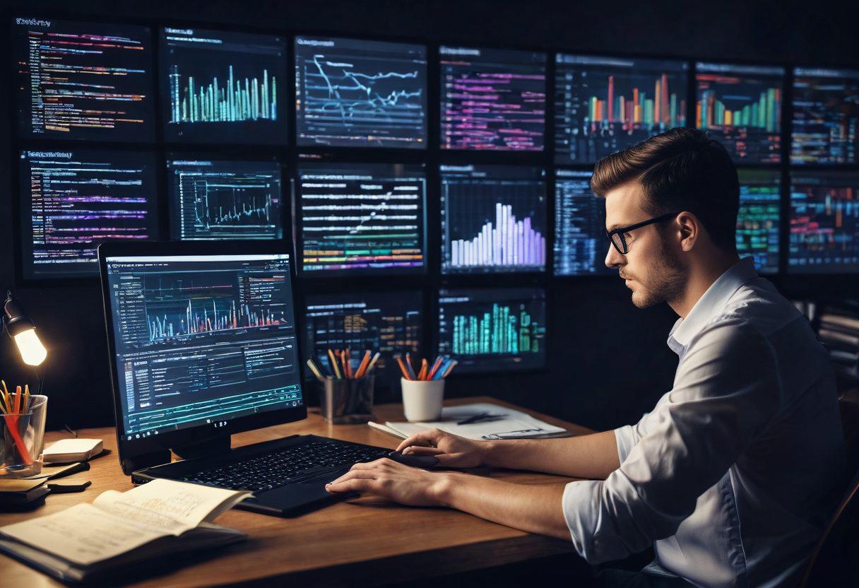 A dynamic scene showing a digital workspace with a laptop displaying AWK scripts, surrounded by open coding books and notes. A confident blogger at the keyboard, deep in thought, with colorful graphs and charts on the screen representing data mastery. The background features a subtle hint of a library filled with programming resources, symbolizing knowledge and growth. Infuse the image with energy and inspiration. super-realistic. vibrant colors. digital art.