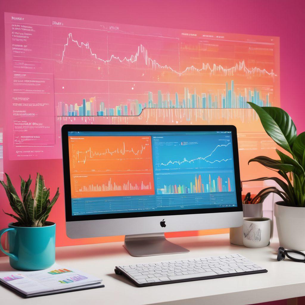 A modern computer setup with dual monitors displaying AWK code and transformed data visuals, surrounded by various colorful data charts and infographics. Include a notepad with handwritten notes on data processing concepts, a steaming coffee mug, and a plant for a touch of creativity. Bright and inviting colors to inspire content creation. super-realistic. vibrant colors. clean background.